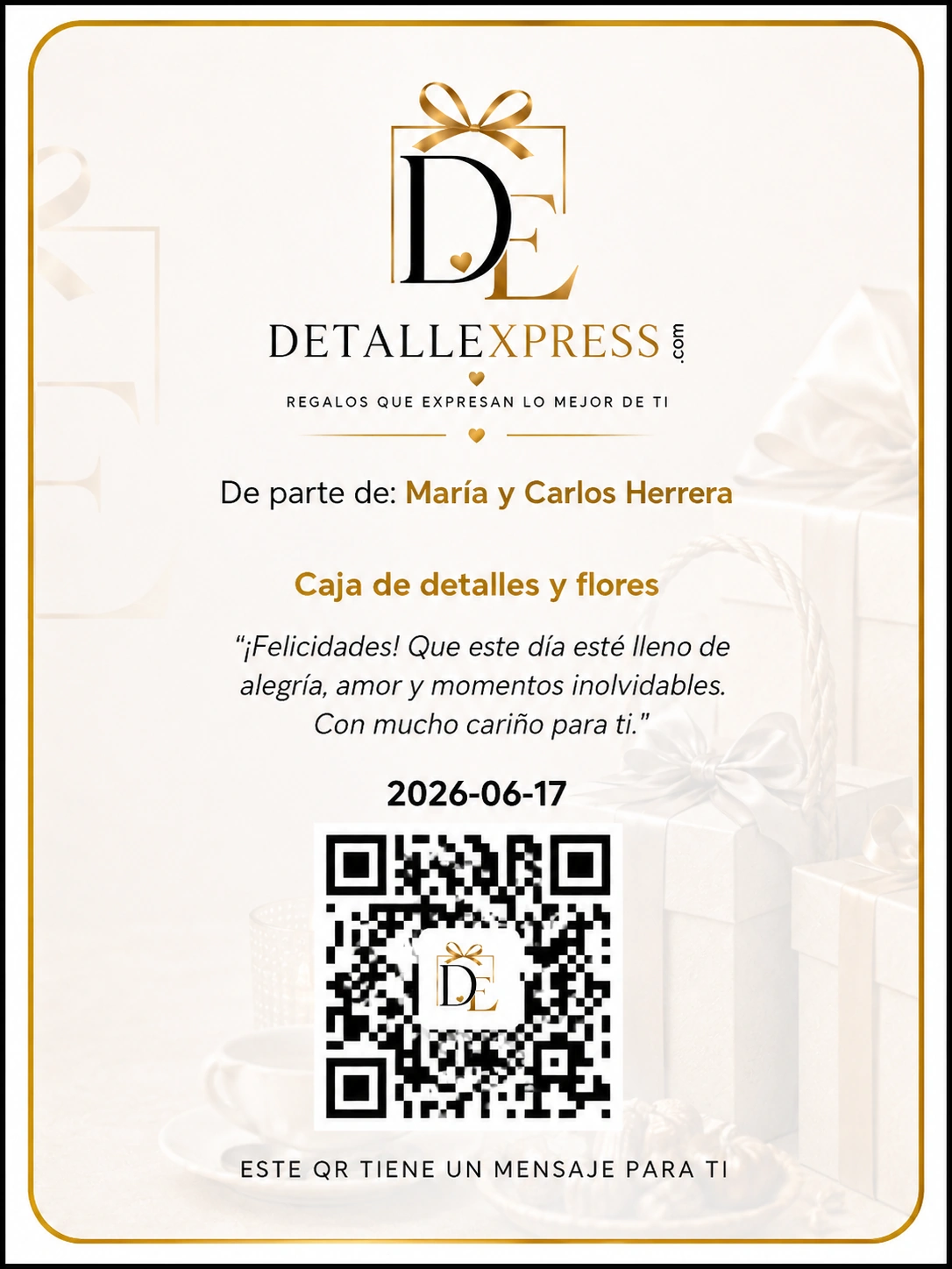 Ejemplo de tarjeta personalizada Detalle Express con mensaje escrito y código QR